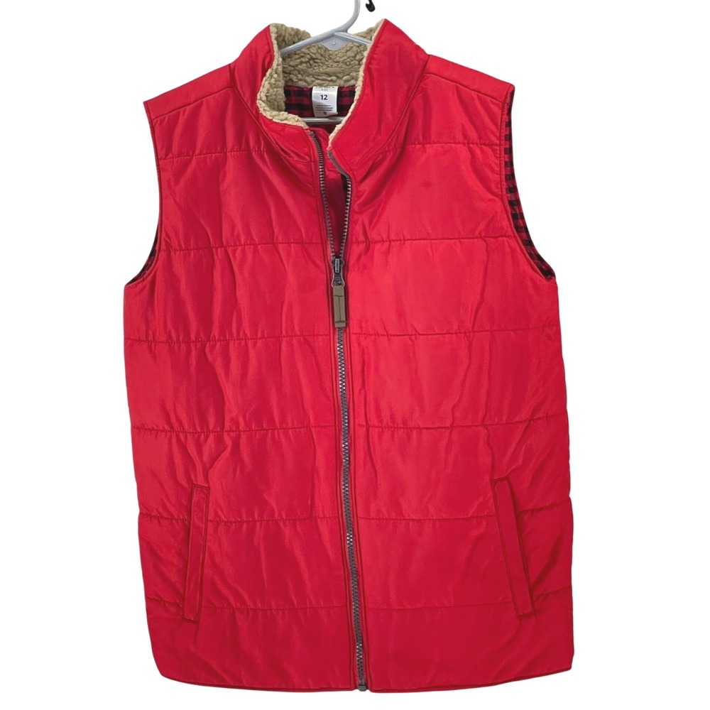 Carters Boys Red Zip Puffer Vest Sherpa Collar Lined Plaid Flannel Size 12
